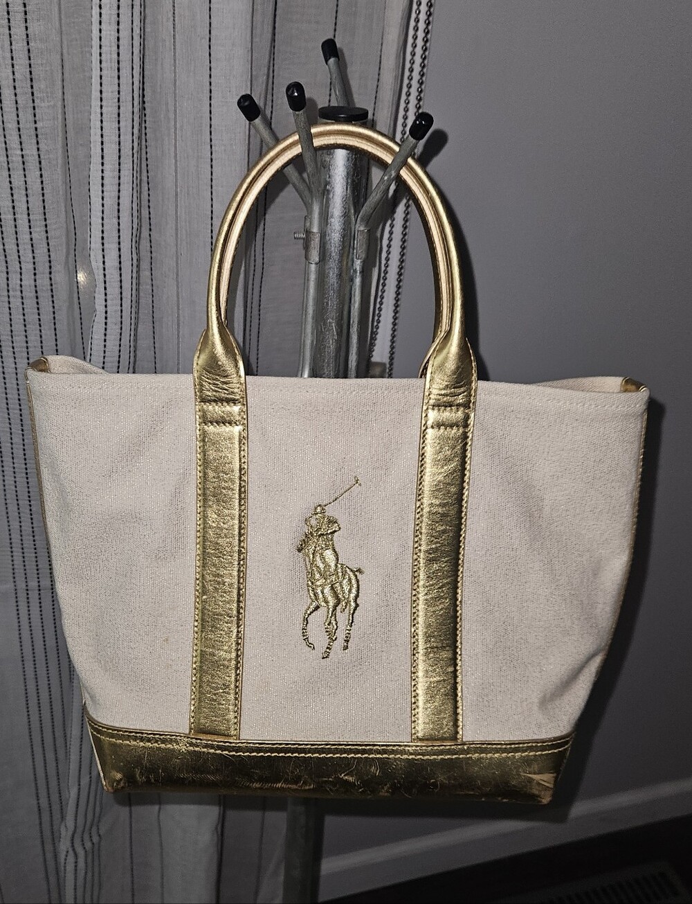 Ralph Lauren Cream and Gold Polo Canvas Tote